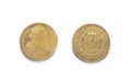 Cartagena, Spain - September 14th, 2018: Gold spanish pieces of eight or Charles III escudos, minted in 1791 at ARQUA Museum,