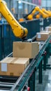 Cartboard boxes parcels on conveyor belt in warehouse handled by robotic arm