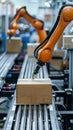 Cartboard boxes parcels on conveyor belt in warehouse handled by robotic arm