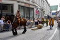 Carthorse pulling a barrel of beer in The Procession of the Golden Tree Pageant, held every 5 years since 1958. Royalty Free Stock Photo