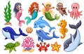 Cartioon sea creature set. Marine life isolated on white background. Children cartoon stile illustration Royalty Free Stock Photo
