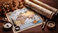 Cartography and map making, featuring elements like maps, compasses, and cartographic tools, symbolizing map creation, geographic