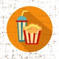Carton bowl full of popcorn and paper glass of drink, screen texture vector Royalty Free Stock Photo