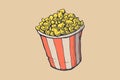 Carton bowl full of popcorn and paper glass. Vector illustration. Good for leaflets, cards, posters, prints, menu, booklets.
