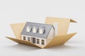 Carton box with a big family house, empty white background Royalty Free Stock Photo