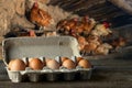 carton box with chicken eggs on table and hens on the roost as background