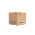 Carton box container vector illustration, cardboard box pack with handling packing icons, text stickers, bar code