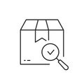 Carton Box with Magnifier and Checkmark Line Icon. Check Parcel Pictogram. Delivery Service Symbol. Approved Product