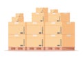 Carton box pallet. Flat warehouse cardboard packages stack, front view shipping parcels on storage. Vector isolated