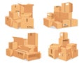 Carton box stack. Big pile of delivery brown cardboard boxes. Cartoon stacked warehouse parcels. Packing for moving to