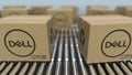 Carton boxes with DELL logo move on roller conveyor. Realistic 3D rendering