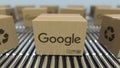 Carton boxes with GOOGLE logo move on roller conveyor. Realistic 3D rendering