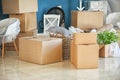 Carton boxes and interior items on floor in room. Moving house concept Royalty Free Stock Photo