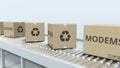 Carton boxes with modems on roller conveyor. 3D rendering