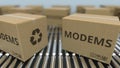 Carton boxes with modems on roller conveyors. 3D rendering