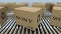 Carton boxes with SONY logo move on roller conveyor. Realistic 3D rendering
