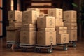 Carton boxes on trolley in warehouse Royalty Free Stock Photo