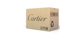 Carton with Cartier logo. Editorial 3D rendering