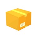 Carton container vector illustration, cardboard box pack with handling packing text stickers, bar code, closed parcel