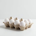 A carton containing ten white eggs, neatly arranged in a grid pattern. The carton Royalty Free Stock Photo