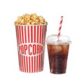 Carton cup with delicious fresh popcorn and iced cola