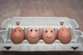 Carton of eggs with kids drawings of face of family in black pen with happy expressions Royalty Free Stock Photo