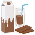 Chocolate cocoa milk. Carton and glass of chocolate flavored milk and a bar of chocolate. Breakfast drink. Vector illustration