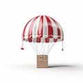 A carton hangs on a red and white air balloon on white background generative AI