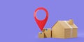 Carton house with geo tag parcels on empty colored background