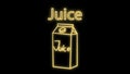 Carton of juice neon sign. Glowing illustration of pack of juice with piece of orange and plastic tube on blue brick background.