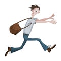 Carton man running fast with bag scared with something, he is looking back