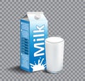 Carton package of milk isolated on transparent background. realistic Glass of milk. Dairy product for branding. vector