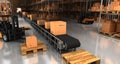 Warehouse with boxes and conveyor belt.