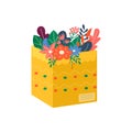 Carton packages with flowers for delivery icons. Set of postal parcels, packs, boxes, letters, envelopes. parcel for online