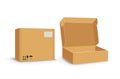 Carton packaging box. Delivery set of different sized packages with postal signs of fragile. Set of closed and open Royalty Free Stock Photo