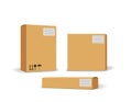 Carton packaging box. Delivery set of different sized packages with postal signs of fragile. Set of closed and open Royalty Free Stock Photo
