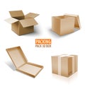 Carton packaging 3d box. Brown delivery set of different sized packages with postal signs of fragile. Set of closed and Royalty Free Stock Photo