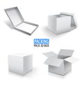 Carton packaging white 3d box. Brown delivery set of different sized packages with postal signs of fragile. Set of Royalty Free Stock Photo