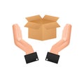 Carton parcel open box in hands. Shipping delivery symbol. Gift box icon. Vector stock illustration.