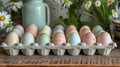 Carton of pastel-colored Easter eggs with flowers. Royalty Free Stock Photo