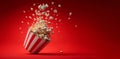 Carton of popcorn exploding on a red background. flying popcorn. Generative ai