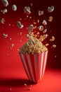 Carton of popcorn exploding on a red background. flying popcorn. Generative ai