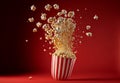 Carton of popcorn exploding on a red background. flying popcorn. Generative ai