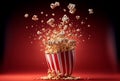 Carton of popcorn exploding on a red background. flying popcorn. Generative ai