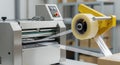 Carton Sealing Machine Dispensing Clear Packaging Tape on a Box for Secure Packaging Processes in Beige Grey Palette Royalty Free Stock Photo