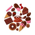 Carton style vector, set of chocolate sweets. All uses of chocolate. Round framed composicion