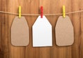 Carton tags, papers for note, labels for your text or design with clothespins and a rope on a wooden background Royalty Free Stock Photo