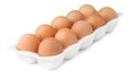 A carton of ten fresh brown eggs isolated on white background, with the natural variation in color and the concept of organic Royalty Free Stock Photo