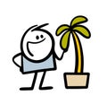 Cartonn hand drawn proud home gardener shows exotic palm plant in flower pot.