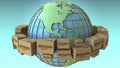 Cartons with AMAZON logo around the world, America emphasized. Conceptual editorial 3D rendering